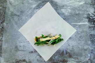 准备好春卷皮，将馅放在春卷皮上