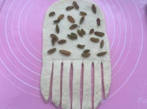 2/5处用刮刀分割宽2厘米的条，上部撒葡萄干