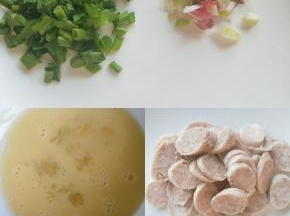 葱切末，鸡蛋搅拌成蛋液，香肠切片