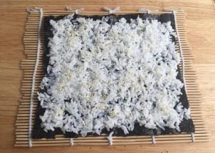 把一半量的米饭摊开，撒白芝麻