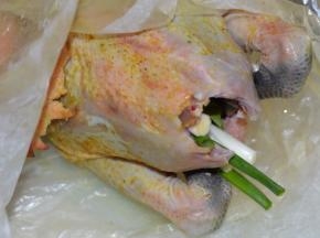 2，腌制好的鸡，在肚子里塞入两根葱，同时也把鸡腿塞进肚子里。其中一张砂纸涂上食用油，包裹着整鸡，再用另一张砂纸把鸡完全包裹住。