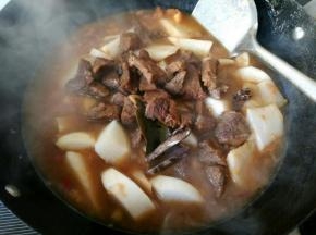 倒入烧好的牛肉，大火烧开，转小火慢炖。