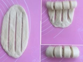 然后擀成椭圆形，如图在中间用刮刀割几条。卷起