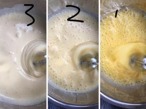 全蛋打发，这是三次加入细砂糖的阶段图