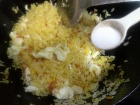 最后起锅前放入2.5g盐左右，翻炒均匀就可以起锅了，一盘香喷喷的黄金瑶柱蛋白炒饭就可以享用了，分享完毕！