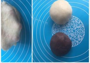 油皮材料揉出厚膜即可。油酥材料揉成团。静置10分钟