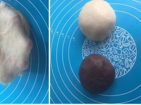 油皮材料揉出厚膜即可。油酥材料揉成团。静置10分钟