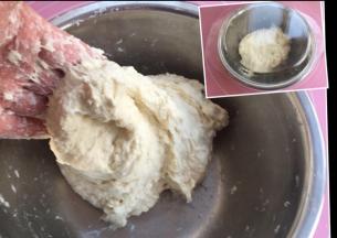 酵母溶化在水里，面粉和盐拌匀。然后让水分充分湿润面粉。静置15分钟