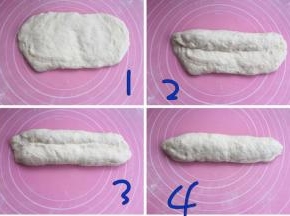 松弛后，先手按压成横的椭圆形，再从远端折过来1/4，然后从近端折过去1/4，最后对折捏紧收口。