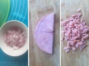 期间切洋葱和火腿，葱花（一个火腿片切丁，两个对半开，如图切扇形，但外围连着）