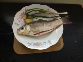 准备一条野生鲫鱼，去鱼鳞，鳃和内脏，记得把肚子里黑色的物质清洗干净！生姜切片葱一根备用！