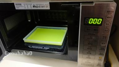 晃动盘子让面糊均匀的平铺在盘子中，盘子放入微波炉中