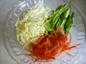 白菜心，黄瓜，胡萝卜都切丝，胡萝卜切丝用水焯一分钟。