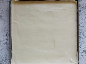 将蛋糕糊倒入，用刮刀将边角和上面涂抹平整。