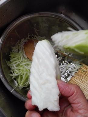 瓠瓜洗净去皮，擦成丝，擦瓠瓜的时候，顺着四周擦，中间的芯也就是瓜瓤，去掉不要