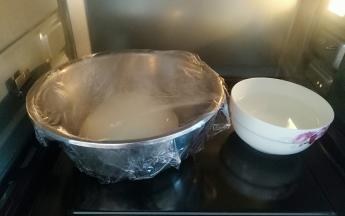 将面团整圆，盖上保鲜膜，放入烤箱发酵，放一碗热水，发酵至二倍大