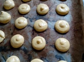 将面糊倒入裱花袋中，中号一个，烤盘铺油纸或油布，将裱花袋前面剪一小口，在烤盘上挤出想要的大小 ，面糊务必保持一定的间距