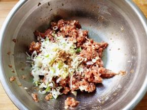 7.	葱，姜加入肉馅里，再加入盐，鸡精，十三香，拌匀，