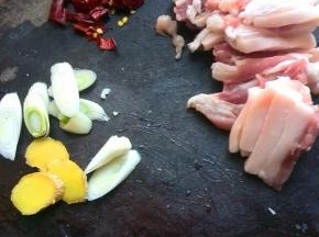 五花肉切片，葱姜切片，干辣椒切段