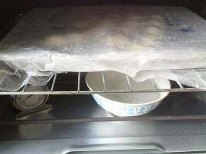 面团表面喷水，盖上保鲜膜放入烤箱里，下面放一碗热水，半小时换一次热水，二发需要一个小时