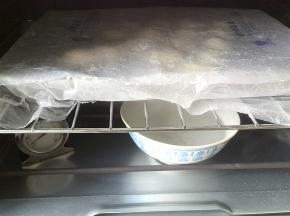 面团表面喷水，盖上保鲜膜放入烤箱里，下面放一碗热水，半小时换一次热水，二发需要一个小时