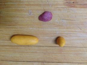 取3—4克南瓜面团搓成细条，取1—2克左右的南瓜面团捏成锥形，取1克左右的红面团搓成水滴形