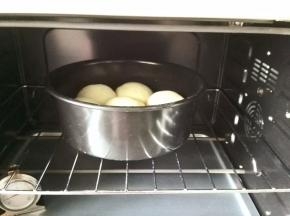 模具放入烤箱中，将功能旋钮转到发酵，时间设定50分钟，朝烤箱四壁及面团表面喷少许清水，关上烤箱门发酵
