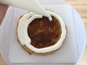 淡奶油倒入裱花袋中，裱花袋剪一个小口，挤到涂抹了糖浆的蛋糕片上，然后用刮刀刮平整，放上另一片蛋糕，以此类推做好