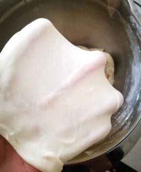 将油皮的所有材料放入面包机中，直到能揉出大片薄膜为止。