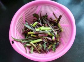 将菜苔择成段，菜苔花不要，菜苔粗壮的部分去皮。