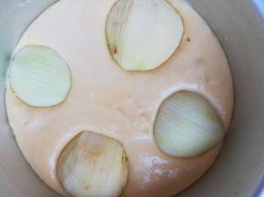 面糊倒入模具，用6寸的或者8寸的戚风模具都可以。将苹果去皮，取两半，切成细薄片，嵌入蛋糕糊中。