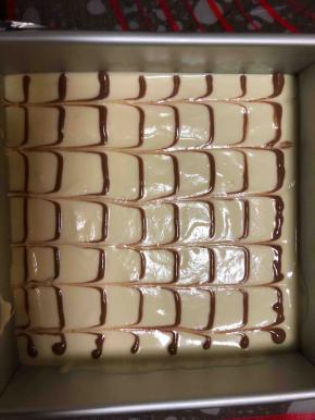 可可粉用一点点开水化开，加入一勺蛋糕糊搅拌均匀装入裱花袋，其余蛋糕糊倒入模具中，用刮刀刮平，用力震几下，然后横着挤几条可可蛋糊，再用筷子竖着划几条