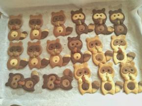 巧克力隔水融化，装入裱花袋，用牙签戳一个眼，挤出浣熊的眼睛，鼻子，和小肚脐眼