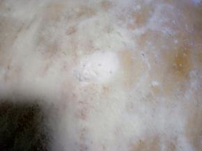 案板上撒点面粉，再放小半勺碱面，用擀面杖擀的无颗粒状，然后把它和面粉搅均匀