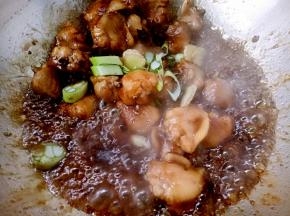 放入酱油，葱花，姜片，大料。继续翻炒