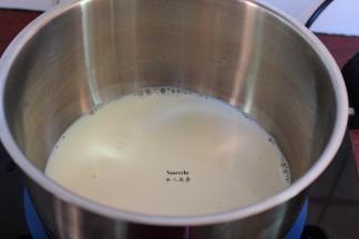 牛奶煮70-80度，加入巧克力屑（留少许做装饰品），拌均融化，关火；PS：牛奶温度不要超过80度。