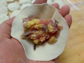 托起一个饺子皮，中间放入饺子馅