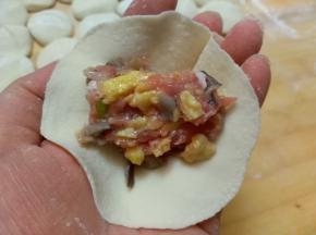 托起一个饺子皮，中间放入饺子馅