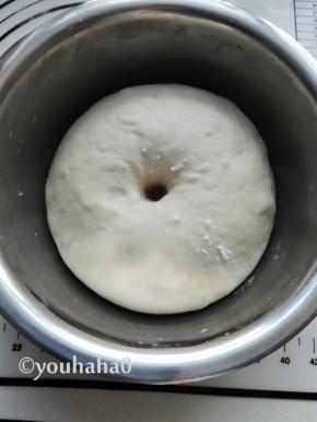 成团后，移至揉面垫上揉光滑，收圆入盆进行发酵，约一个小时发酵到位