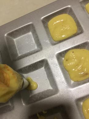 然后将面糊装入裱花袋中，挤入撒粉的烤盘上