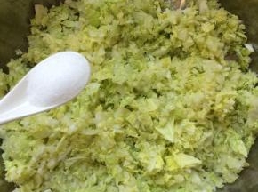 把搅碎的白菜中放入1小勺盐，腌制一小会，腌制出水后，攥干白菜，备用。
