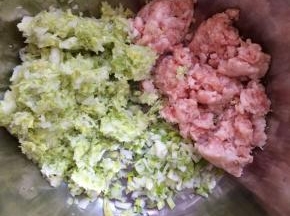 准备一个大点的盆，放入葱，猪肉馅，白菜。