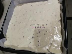 8寸烤盘事先垫一张油纸，拌好的面糊全部倒入烤盘中，用刮板抹平表面