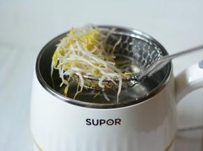 小煮锅中加入适量的水煮沸，将洗干净的豆芽放入烫上1-2分钟捞出装盘。
