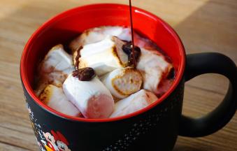 棉花糖加入可可中，再淋入适量巧克力酱。