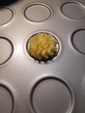 挤花之前先把烤箱上下火150度预热，预热时间最少10分钟，最好是挤花完成前一直保持加热状态，具体挤花的形状根据个人喜欢，我这个是原地用裱花嘴转圈，3-4圈，具体根据自己喜欢。