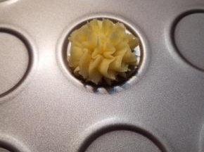 挤花之前先把烤箱上下火150度预热，预热时间最少10分钟，最好是挤花完成前一直保持加热状态，具体挤花的形状根据个人喜欢，我这个是原地用裱花嘴转圈，3-4圈，具体根据自己喜欢。