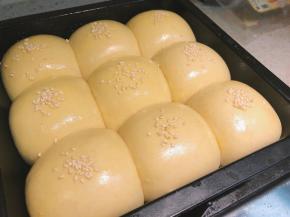 面团发酵到挨个挤在一起，取出方盘，刷上一层全蛋液，撒上芝麻