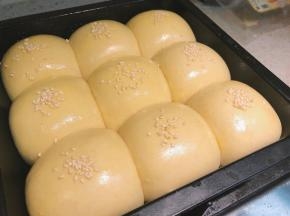 面团发酵到挨个挤在一起，取出方盘，刷上一层全蛋液，撒上芝麻