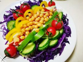 再摆上彩椒青椒黄瓜 鹰嘴豆 樱桃番茄